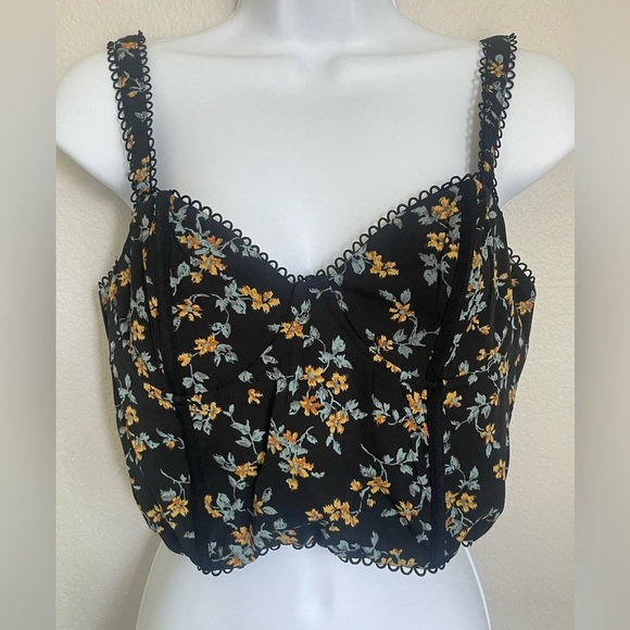 Blush BJ Black Floral Lace Trim Crop Top – Bustier Crop, Zipper Back, Size L - Picture 7 of 9